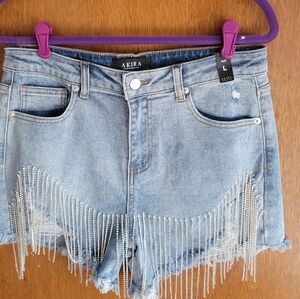 Beautiful Light Wash High-Waist Distressed Denim Shorts with Rhinestones